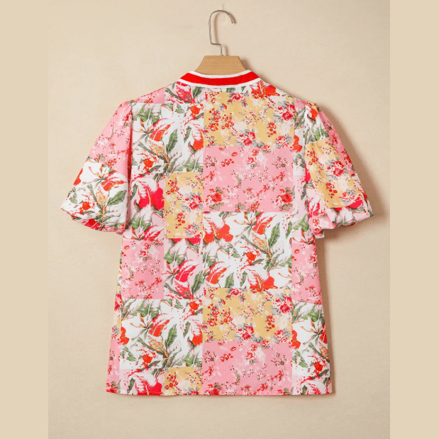 Nicole Pink Contrast Collared V Neck Short Sleeve Floral Blouse