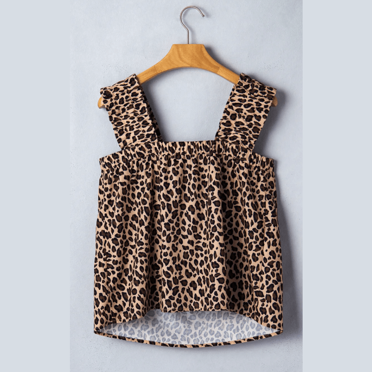 Reese Brown Leopard Print Frilled Square Neck Tank Top