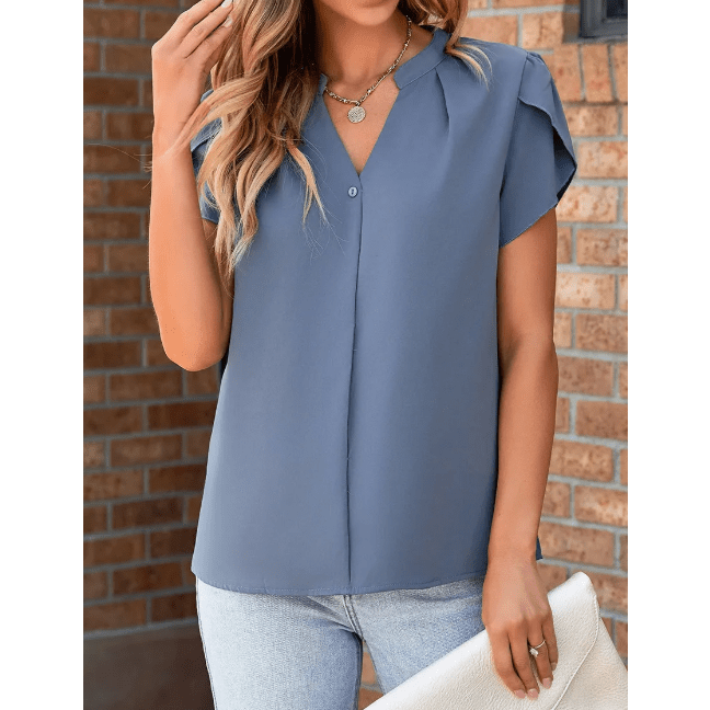 Maurice Blue Silky Notched Neckline Petal Sleeve Blouse