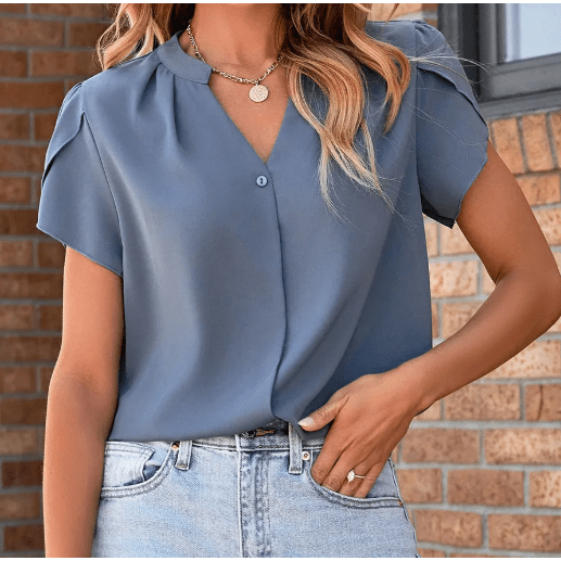 Maurice Blue Silky Notched Neckline Petal Sleeve Blouse