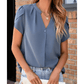 Maurice Blue Silky Notched Neckline Petal Sleeve Blouse