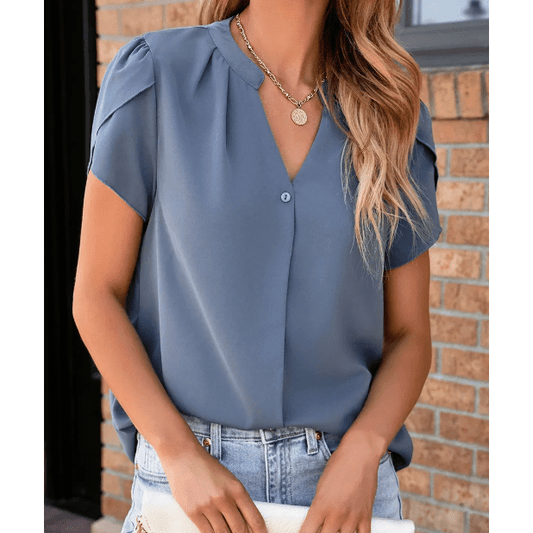Maurice Blue Silky Notched Neckline Petal Sleeve Blouse