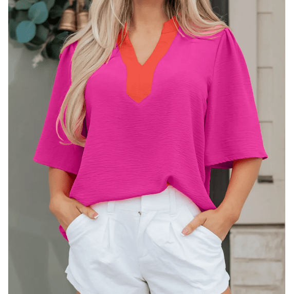 Sala Contrast V Neck Colorblock Wide Short Sleeve Top