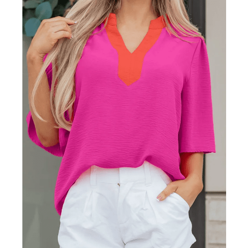 Sala Contrast V Neck Colorblock Wide Short Sleeve Top