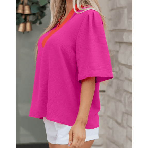 Sala Contrast V Neck Colorblock Wide Short Sleeve Top