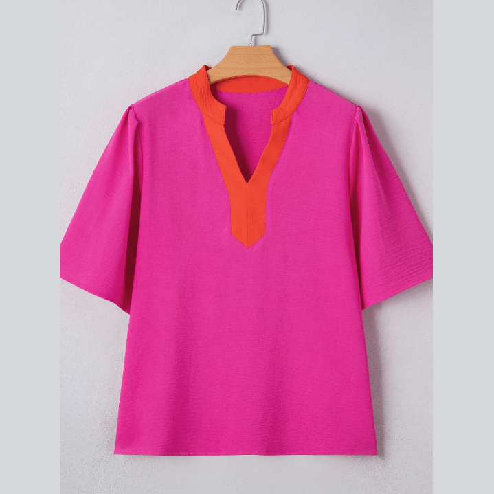 Sala Contrast V Neck Colorblock Wide Short Sleeve Top
