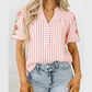 Cleobella Pink Stripe Print Floral Embroidered Puff Sleeve V Neck Blouse