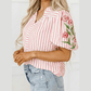 Cleobella Pink Stripe Print Floral Embroidered Puff Sleeve V Neck Blouse