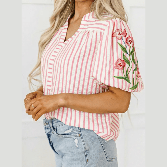 Cleobella Pink Stripe Print Floral Embroidered Puff Sleeve V Neck Blouse