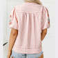 Cleobella Pink Stripe Print Floral Embroidered Puff Sleeve V Neck Blouse