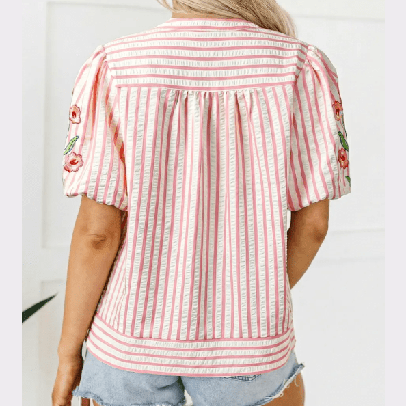 Cleobella Pink Stripe Print Floral Embroidered Puff Sleeve V Neck Blouse