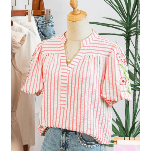 Cleobella Pink Stripe Print Floral Embroidered Puff Sleeve V Neck Blouse