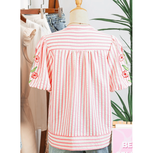 Cleobella Pink Stripe Print Floral Embroidered Puff Sleeve V Neck Blouse