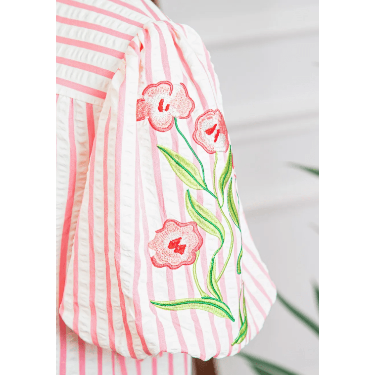 Cleobella Pink Stripe Print Floral Embroidered Puff Sleeve V Neck Blouse
