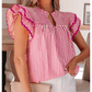 Terri Stripe Shirred Yoke Ruffled Short Sleeve Blouse