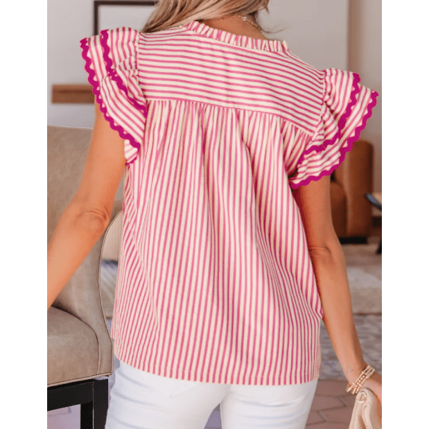 Terri Stripe Shirred Yoke Ruffled Short Sleeve Blouse