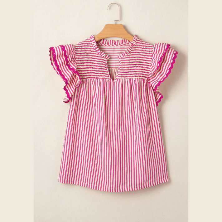 Terri Stripe Shirred Yoke Ruffled Short Sleeve Blouse
