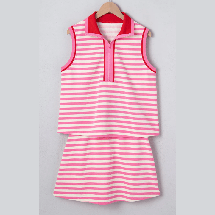 Zella Sachet Pink Textured Stripe Print Contrast Trim Zip Collar Sleeveless 2pcs Skort Set