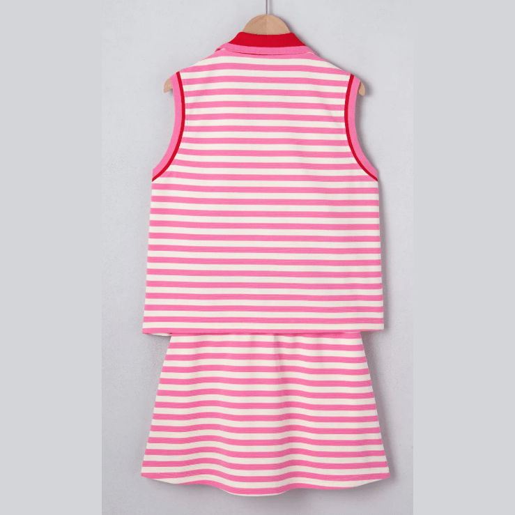 Zella Sachet Pink Textured Stripe Print Contrast Trim Zip Collar Sleeveless 2pcs Skort Set