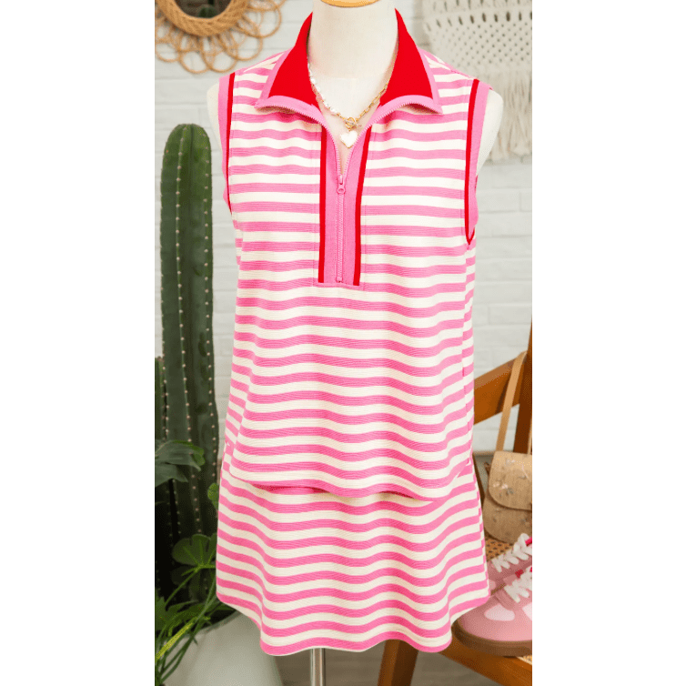 Zella Sachet Pink Textured Stripe Print Contrast Trim Zip Collar Sleeveless 2pcs Skort Set