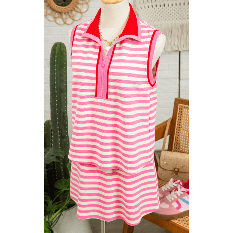 Zella Sachet Pink Textured Stripe Print Contrast Trim Zip Collar Sleeveless 2pcs Skort Set