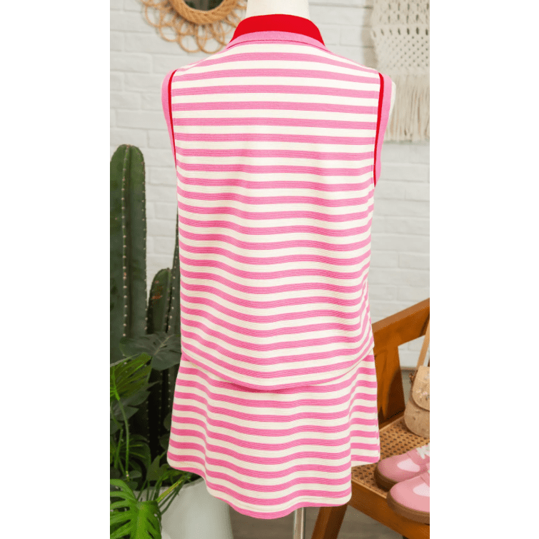 Zella Sachet Pink Textured Stripe Print Contrast Trim Zip Collar Sleeveless 2pcs Skort Set