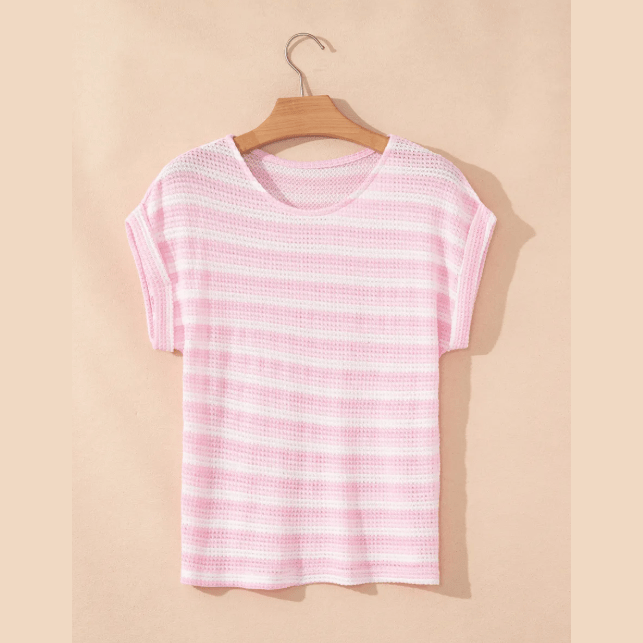 Udelle Pink Striped Print Waffle Knit T Shirt