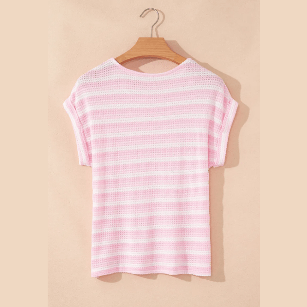 Udelle Pink Striped Print Waffle Knit T Shirt