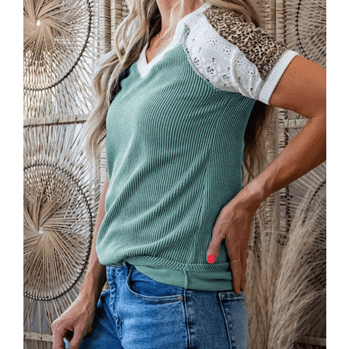 Crystal Green Bay Color Block Lace Leopard Patchwork Twisted Ribbed Tee