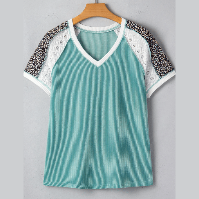 Crystal Green Bay Color Block Lace Leopard Patchwork Twisted Ribbed Tee