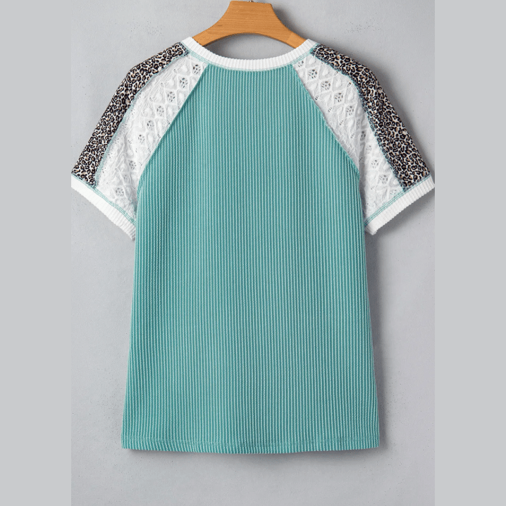 Crystal Green Bay Color Block Lace Leopard Patchwork Twisted Ribbed Tee