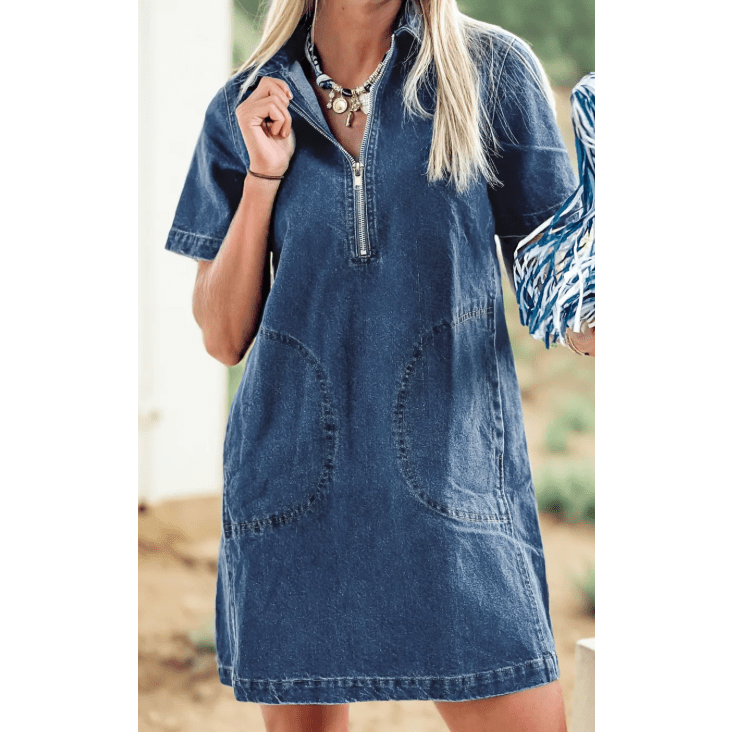 Linley Blue Zip Up Collared Short Sleeve Shift Mini Denim Dress