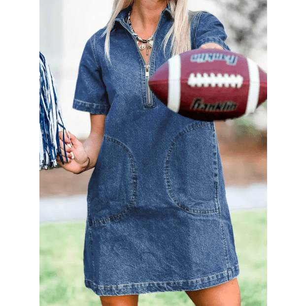 Linley Blue Zip Up Collared Short Sleeve Shift Mini Denim Dress