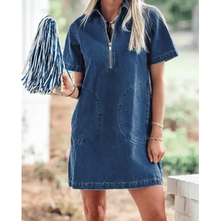 Linley Blue Zip Up Collared Short Sleeve Shift Mini Denim Dress