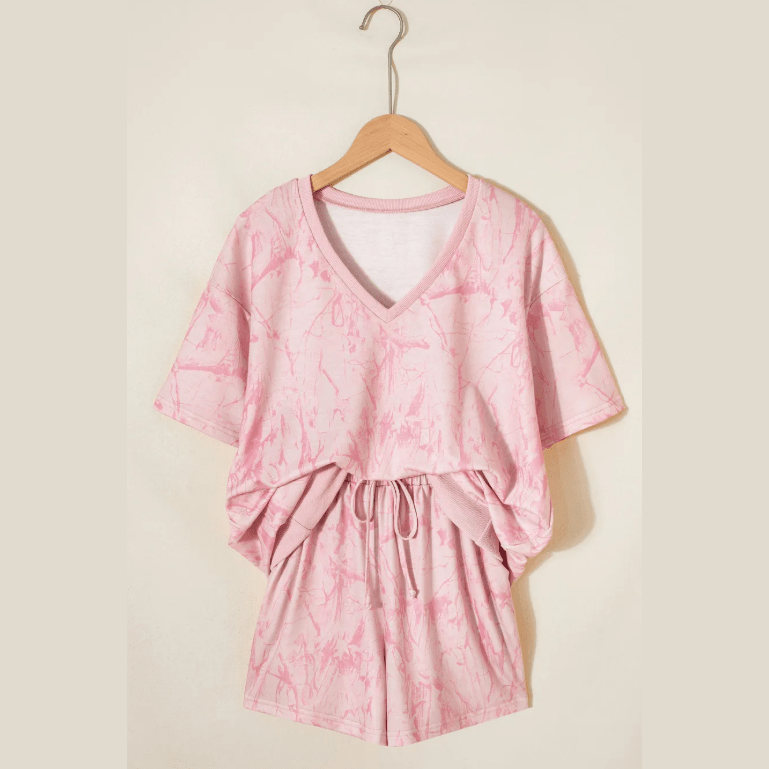 SALE!!!  Jemma Pink Abstract Print V Neck Loose Tee Drawstring Shorts 2pcs Outfit