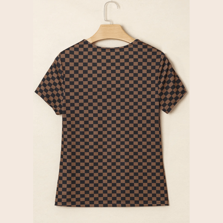 Anslee Black Checkerboard Round Neck Summer T Shirt