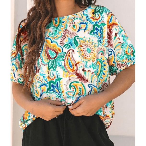 Chesley Green Boho Paisley Floral Printed Puff Sleeve Blouse