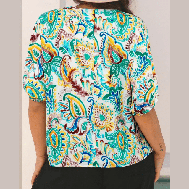 Chesley Green Boho Paisley Floral Printed Puff Sleeve Blouse