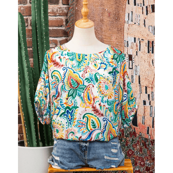 Chesley Green Boho Paisley Floral Printed Puff Sleeve Blouse