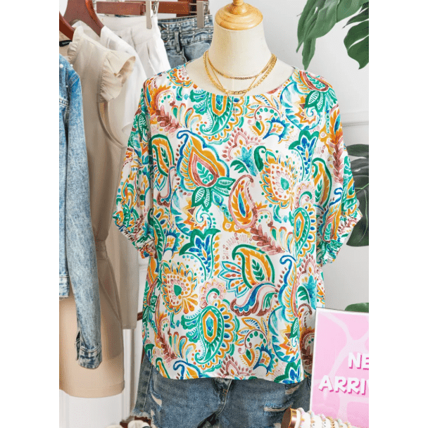 Chesley Green Boho Paisley Floral Printed Puff Sleeve Blouse