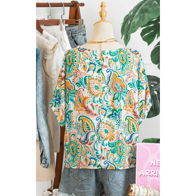 Chesley Green Boho Paisley Floral Printed Puff Sleeve Blouse