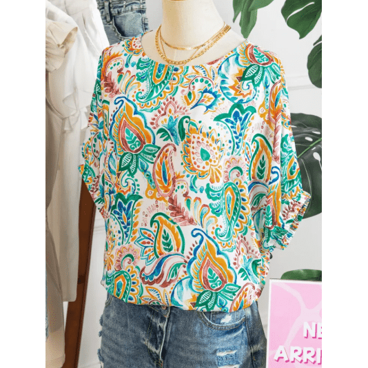 Chesley Green Boho Paisley Floral Printed Puff Sleeve Blouse