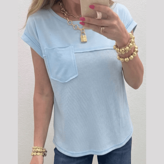 Jaye Light Blue Raw Seam Waffled Patchwork Casual T Shirt