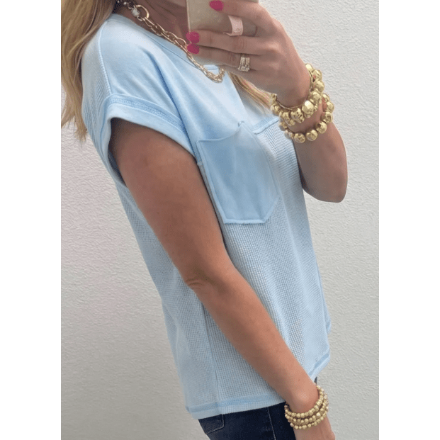 Jaye Light Blue Raw Seam Waffled Patchwork Casual T Shirt