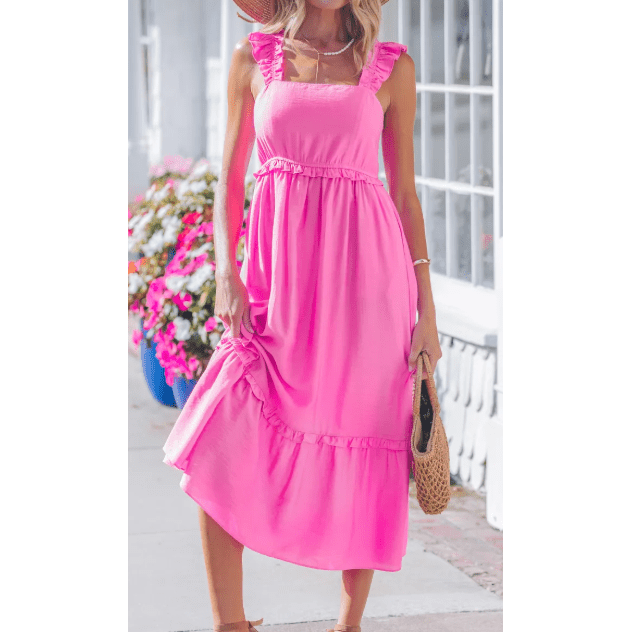 Maisyn Hot Pink Ruffle Trim High Waist Sleeveless Maxi Dress