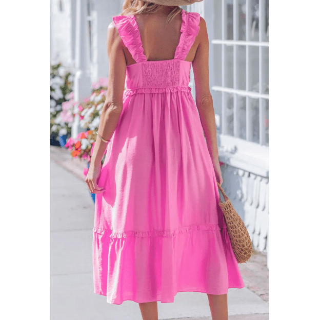 Maisyn Hot Pink Ruffle Trim High Waist Sleeveless Maxi Dress