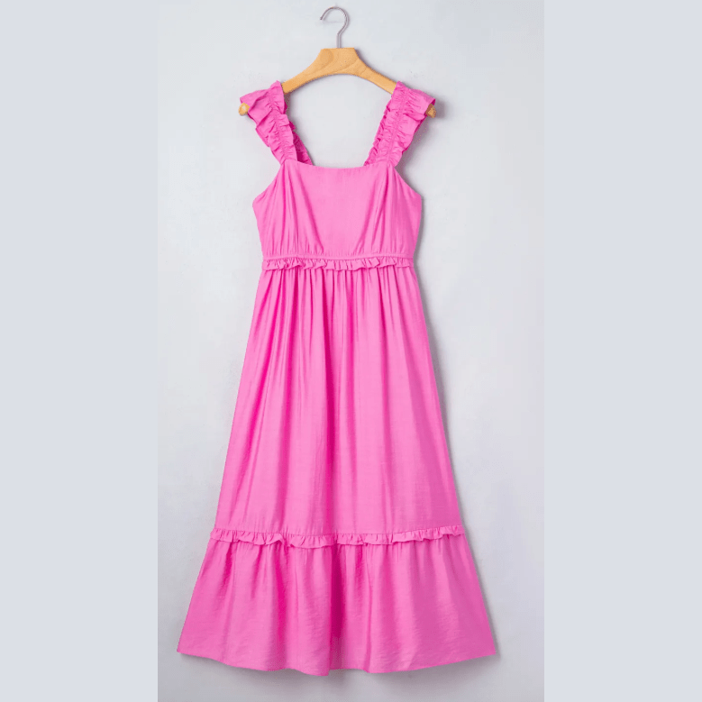 Maisyn Hot Pink Ruffle Trim High Waist Sleeveless Maxi Dress