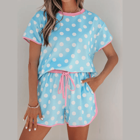 Brooke Blue Polka Dot Contrast Edge Casual Short Set