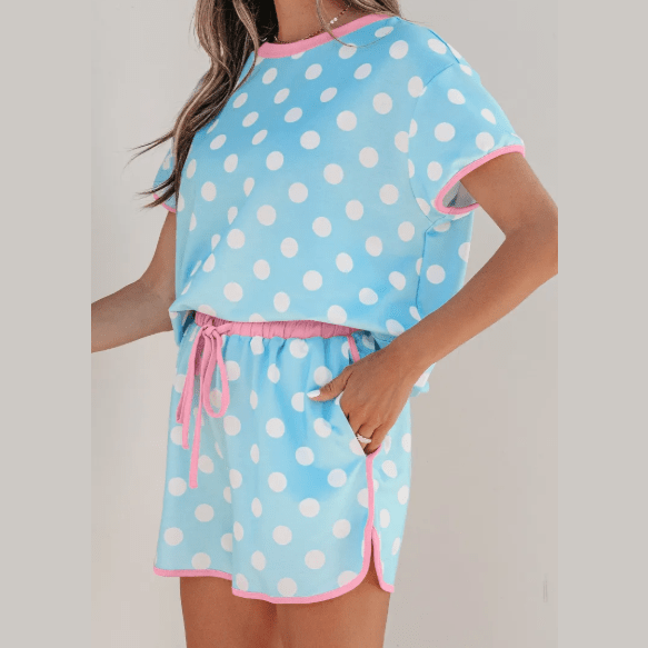 Brooke Blue Polka Dot Contrast Edge Casual Short Set