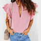 Palisa Red Stripe Frilly Split Neck Double Ruffled Short Sleeve Blouse